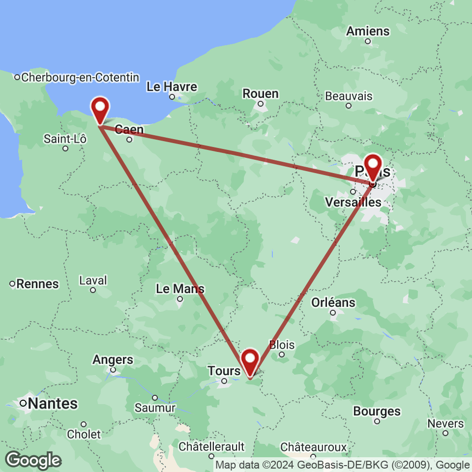 Route for Paris, Bayeux, Amboise, Paris tour